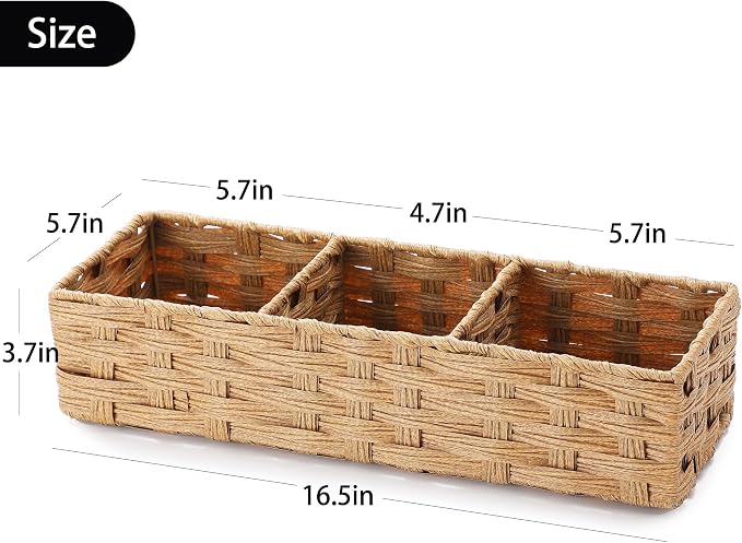 Toilet Tank Topper Paper Basket Multiuse Hand Woven Plastic Wicker Basket Bins with Divider for Shelves Rustic Farmhouse Bathroom Decor Countertop Organizer Storage (Yellow-big 3 boxes)