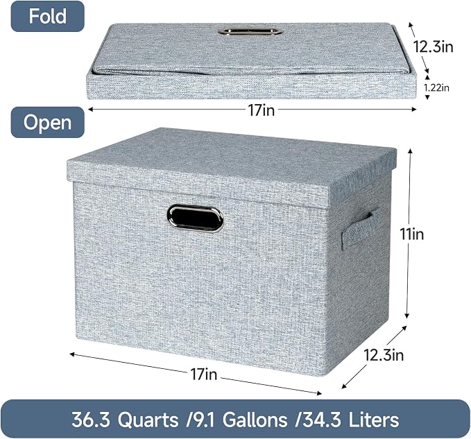 Graciadeco Large 17" 36 Quart Collapsible Stackable Storage Bins with Lids, 3 Packs Blue-Grey Linen Fabric Closet Boxes with Lids, Storage Cube Baskets Container Organizers for Bedroom (17x12x11)