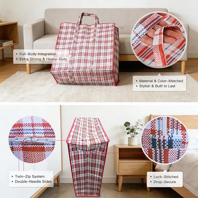 3 Pack 158L Extra Large Moving Bags with Zippers & Carrying Handles, Heavy-Duty Tote Storage Bags Closet Organizers Laundry Bag, Plaid Bag for Traveling, 27.5" x 11.8" x 29.5", Red/Black/Blue
