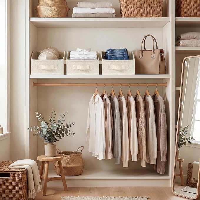 StorageWorks Closet Baskets for Organizing, Trapezoid Storage Bins, Linen Closet Organizers and Storage, Clothes Storage Baskets, Medium, Beige(Cotton-linen), 3-Pack