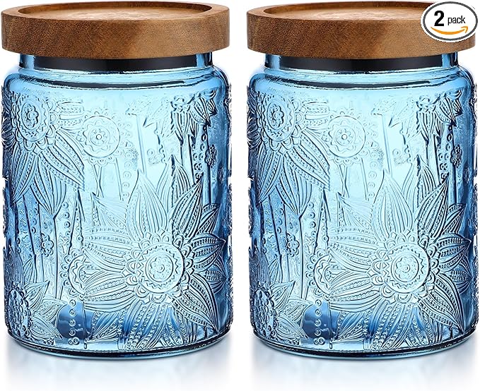 LemonRoad 2 Pcs Vintage Blue Glass Storage Jars 23.7 oz Mason Jar Canister with Wood Lids Food Storage Container for Cookie, Pantry, Candy Kitchen, Coffee, Tea, Flour, Sugar, Decorative Home Decor