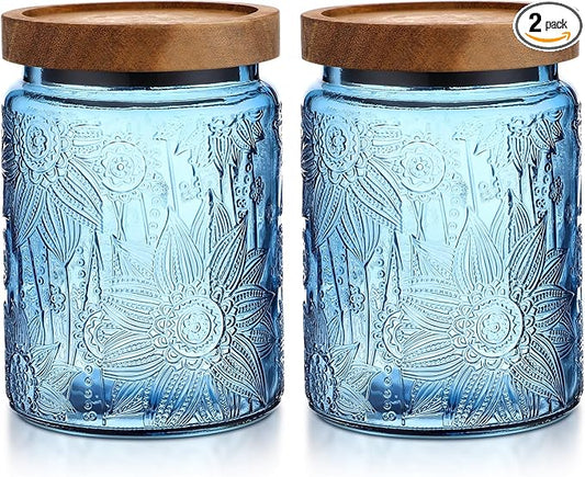 LemonRoad 2 Pcs Vintage Blue Glass Storage Jars 23.7 oz Mason Jar Canister with Wood Lids Food Storage Container for Cookie, Pantry, Candy Kitchen, Coffee, Tea, Flour, Sugar, Decorative Home Decor