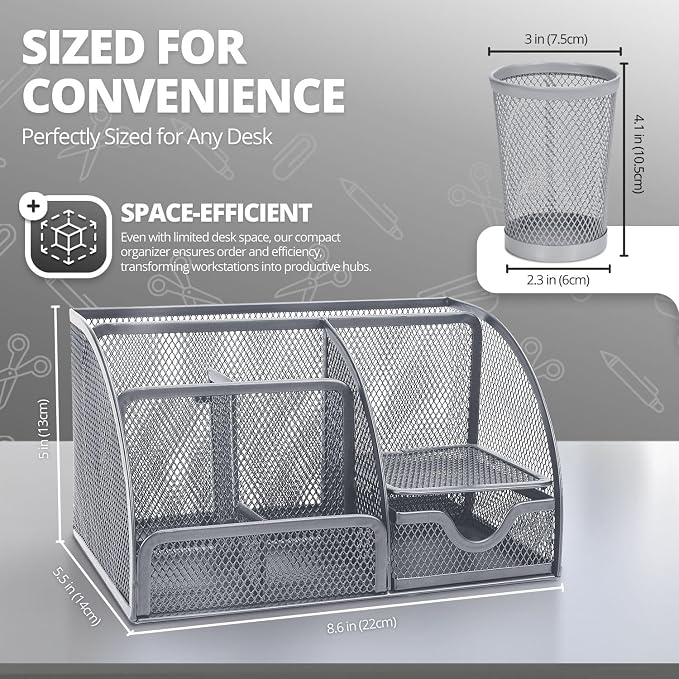 Flexzion Desk Caddy Organizer Set (Silver Gray) - Metal Mesh Desktop Caddy with Drawers, 6 Compartments, and Pencil Holder for Women & Men - Desktop Organizer and Storage for Work or Office Supplies | Compact desktop caddy with separate pen holder; 8.7...