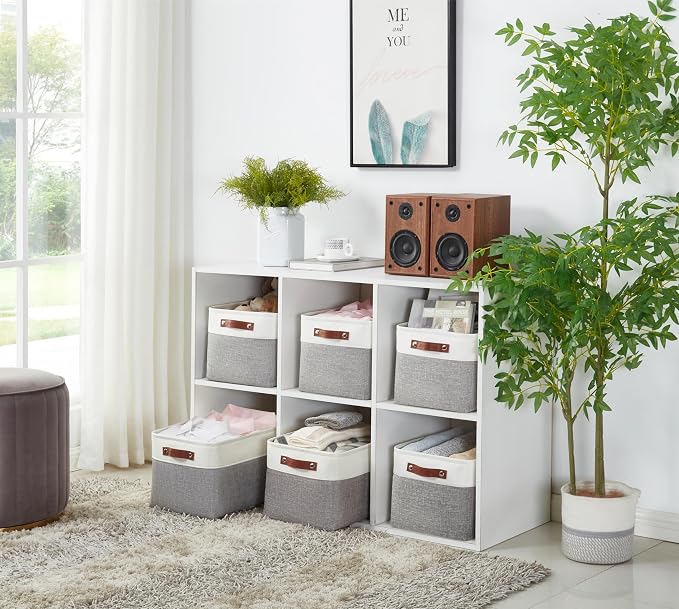 DECOMOMO Storage Bins, Large Fabric Storage Baskets for Shelves, Decorative Linen Closet Organizer, 15 x 11 x 9.5 inches (Grey & White, 4 Pack)