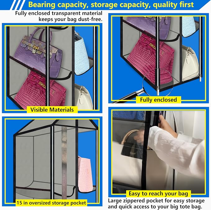 Purse Organizer for Closet, with Zippered-Dustproof, Purse Organizer, Designed for Oversized Wallets & Holds 8-16 Purses, organizador de carteras de Mujer,Grey-Purse Hanger Closet