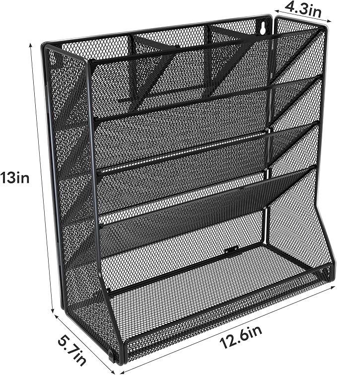 Jakyitvi Wall Mounted File Organizer, Metal Frame Mesh Desktop Sorter | 5-tier hanging style, 4 pull-out dividers, mail sorter, sturdy office supplies, stable R-shaped base, hardware included