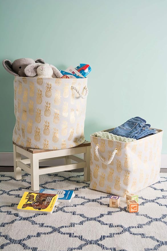 DII Polyester Storage Bin, Gold Metallic Collection Collapsible with Handles, Medium, Pineapple