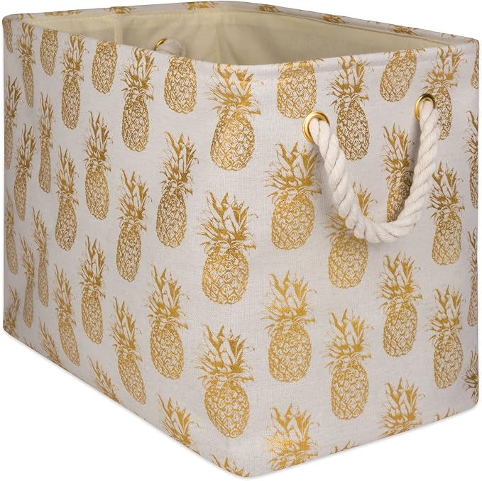 DII Polyester Storage Bin, Gold Metallic Collection Collapsible with Handles, Medium, Pineapple