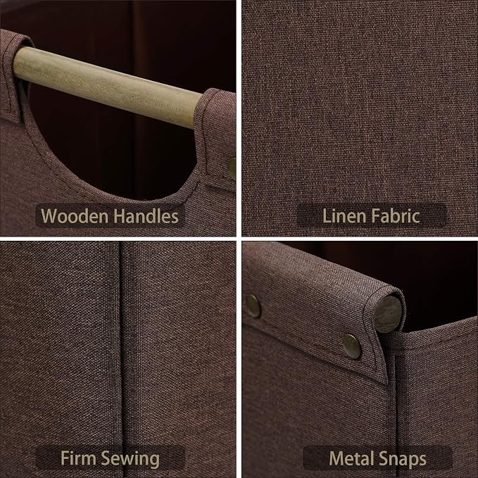 HOONEX Large Collapsible Storage Bins, Linen Fabric, 2 Pack, Storage Baskets with Wooden Carry Handles and Sturdy Heavy Cardboard, for Home, Office, Car, Nursery, Brown