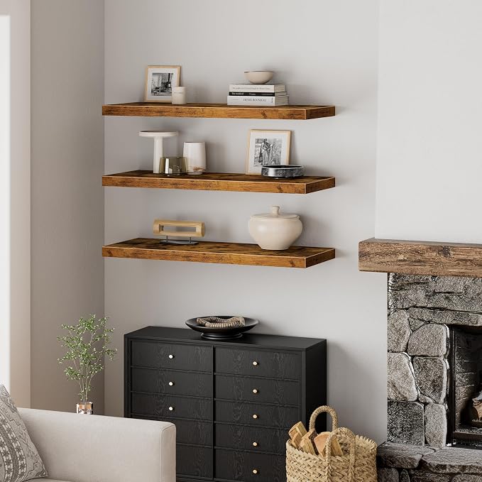 QEEIG 12" Deep Floating Shelves for Wall - 12 x 36 inch Book Shelf Bathroom Bedroom Kitchen Living Room Hanging Bookshelf Farmhouse Set of 3, Brown (026-90BN3)