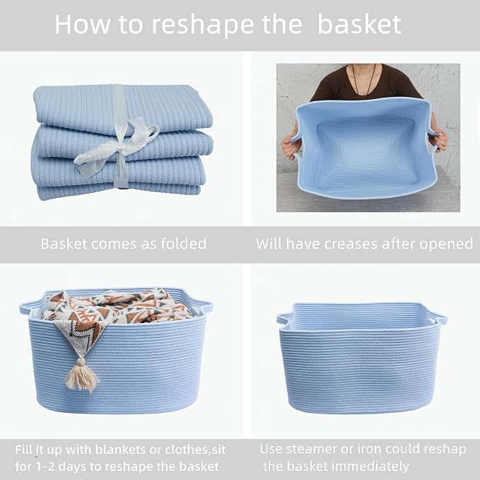 XUANGUO Large Cotton Rope Storage Basket for Blankets, 22" x 17" x 12" Rectangle Woven Basket Bin for Living Room, Nursery, Kids & Dog Toys, Laundry basket for Clothes & Towels,Gift basket Blue
