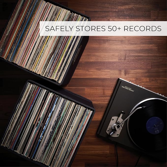 ZICOTO Decorative Vinyl Record Storage Box for 50+ Single Records - Sturdy and Easy to Carry LP Holder with Lid - The Perfect Storage Crate for Your Valuable Album Collection