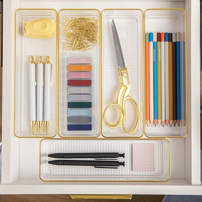 Martha Stewart Kerry Plastic Stackable Office Desk Drawer Organizers, 12" x 3", 6 Pack, with Gold Trim
