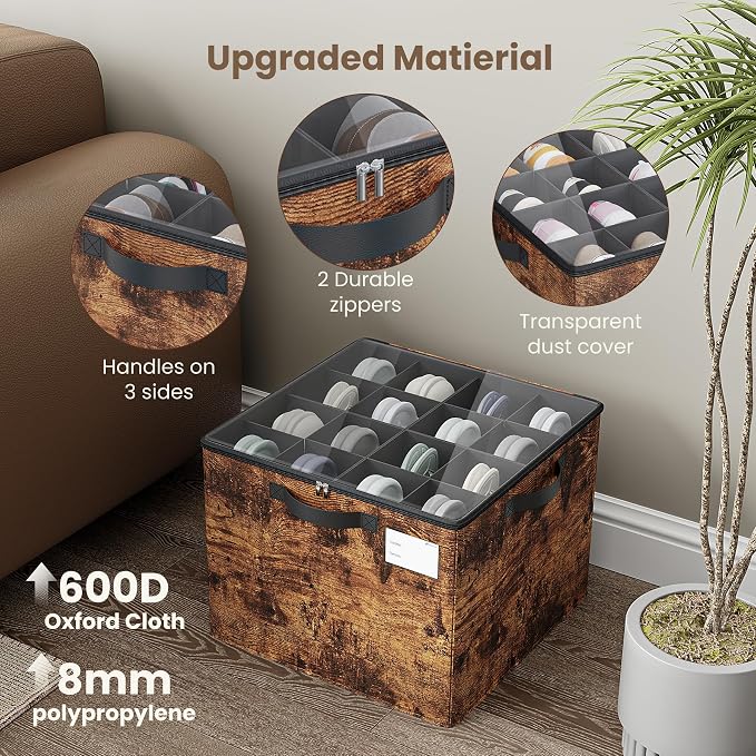 Varhomax Shoe Organizer Box for Closet, Fabric Shoe Storage Bin with Adjustable Dividers & Clear Cover, Holds up 16-32 Pairs of Sneakers & Sandals for Entryway, Cubby (Rust Brown)