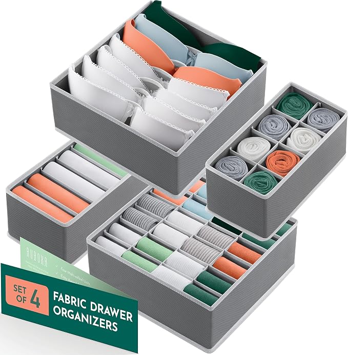 Dresser Organizer, [4 Pk] Grey Fabric Dresser Drawer Organizers (4 Sizes With 45 Slots) Foldable Underwear Drawer Organizer Breathable Bins for Bra, Lingerie, Socks, Scarves, Belt, Tie, Baby Clothes.