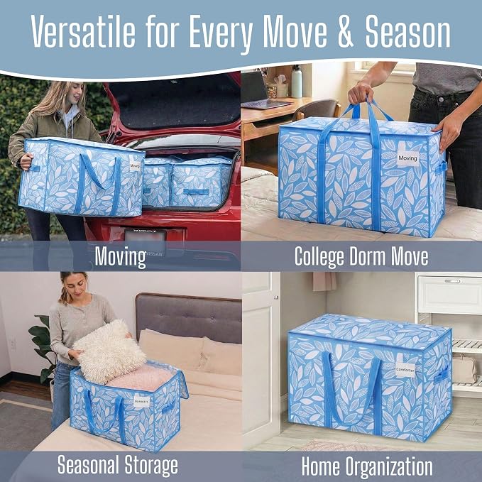 VENO 2 Pack Heavy Duty Moving Bags, Extra Large Storage Bags with Reinforced Handles & Strong Zippers, Foldable & Reusable Moving Box Alternative for Clothes & Dorm Storage