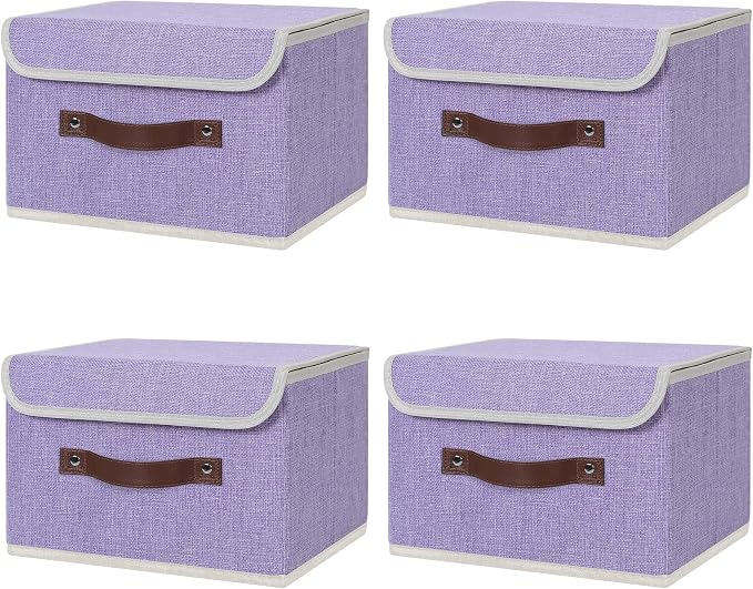 ANMINY 4PCS Storage Bin with Lid Storage Boxes with PU Leather Handles PP Plastic Board Decorative Foldable Lidded Cotton Linen Fabric Home Cubes Baskets Closet Organizer Container - Purple, Medium