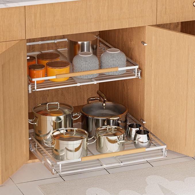 SANNO Expandable Pull Out Cabinet Organizer,Slide Out Pantry Shelf for Kitchen Cabinet or Under Sink,Extendable Width16.1 to 26.4" W,Chrome Finish,3Pack