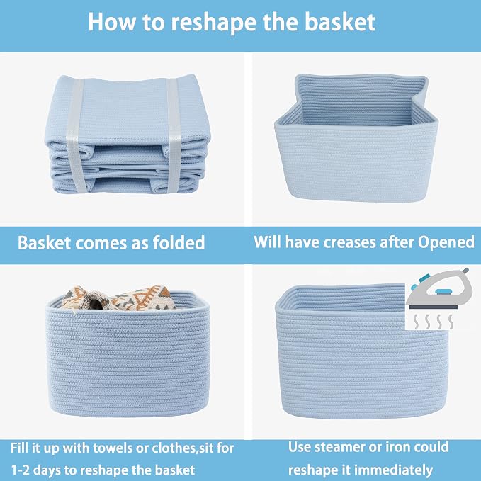 Cotton Rope storage Basket Bins Woven Basket for Organizing Shelves Rectangle Decorative Baskets For storage 3 pack (light blue)