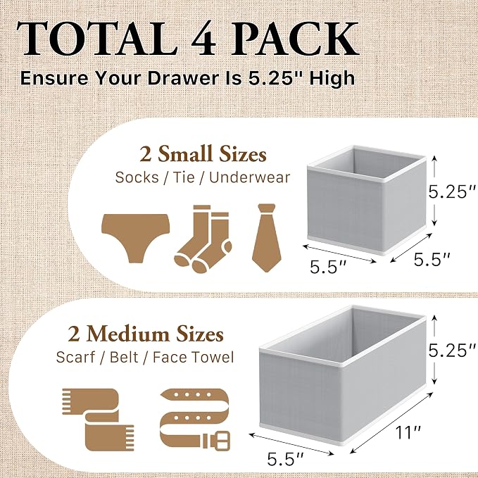 Simple Houseware Underwear Drawer Organizer, Set of 4, Gray | for Sock/Bra/Undergarment/Panty/Onesie, Collapsible