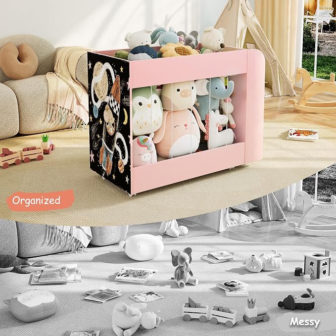 Kids Toy Storage Organizer with Drawing Chalkboard, Toy Storage Box with Stuffed Animal Storage and 2-Tier Kids Bookshelf, Toy Organizer Chest with 360° Wheels for Playroom, Nursery, Bedroom, Pink