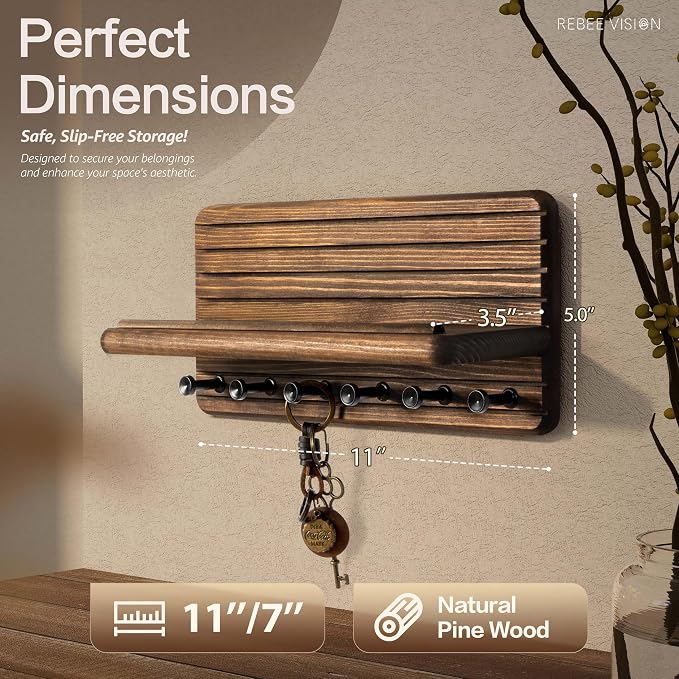 Rebee Vision Farmhouse Key Holder Wall Mount for Home Decor – Decorative Pine Wooden Key Holder for Wall with 6 Hooks & Floating Shelf - Rustic Charm for Room Decor Aesthetic (Brown)