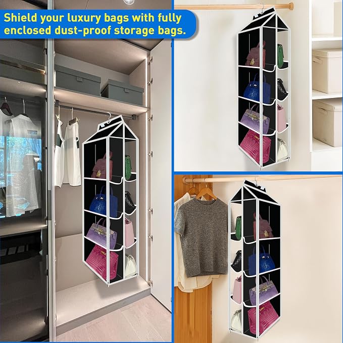 Purse Organizer for Closet, with Zippered-Dustproof, Purse Organizer, Designed for Oversized Wallets & Holds 8-16 Purses, organizador de carteras de Mujer,Black-Purse Storage