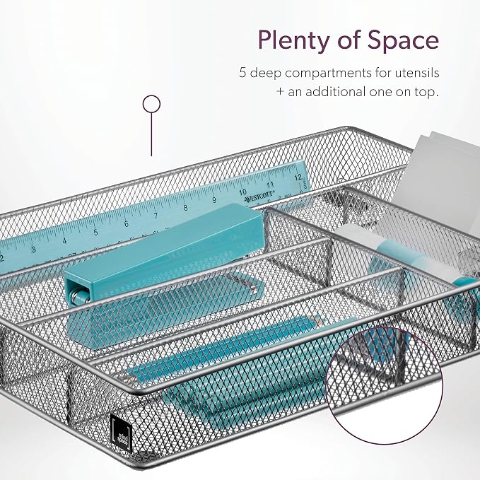 Mindspace Cutlery Organizer Silverware Tray with 6 Compartments | Kitchen Utensil Drawer Organizer | Silverware Tray for Drawer | The Mesh Collection, Silver