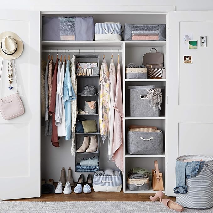 Amazon Basics 6-Tier Hanging Closet Shelf Organizer with Pockets, Clothes Storage for Sweaters and Clothing,8" Dx12 W x 9" L x 8.5" H, Grey (Pack of 10)