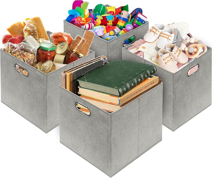 Simple Houseware 13-Inch Collapsible Fabric Cube Storage Bin with Handles, Printed Design, 3 Pack, Gray