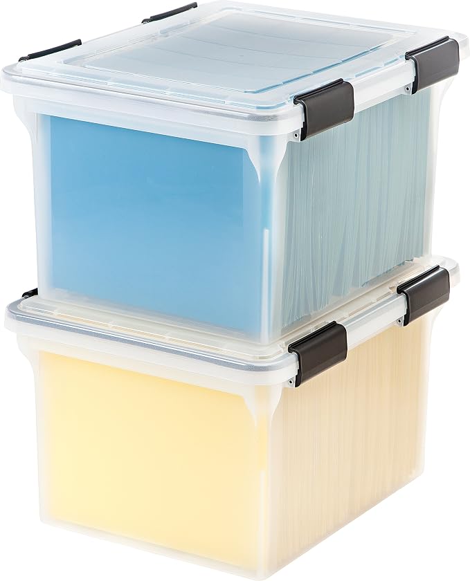 IRIS USA WeatherPro Storage File Box, 32 Qt. 6-Pack, Clear/Black | Protect files, documents and important records with weather resistant storage, secure latches and stackable organization