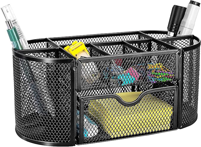 Amazon Basics Mesh Desk Organizer with Pen Holder, Pullout Drawer and Office Caddy Storage, 9.25" x 4.53" x 3.94", Black