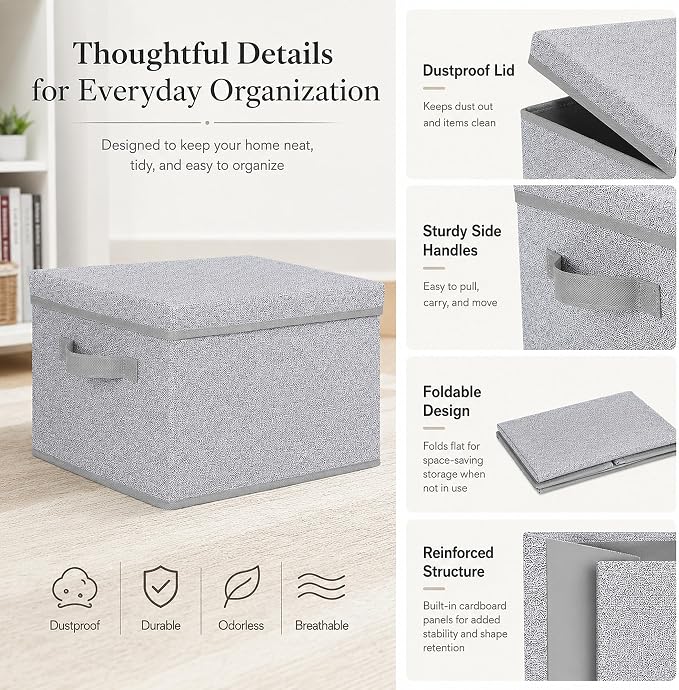 WUIKE Foldable Storage Bins with Lids, Storage Boxes with Handles, Closet Shelf Organizer, Fabric Storage Baskets for Bedroom, Decorative Storage Containers, Large, Ash Gray, 3-Pack