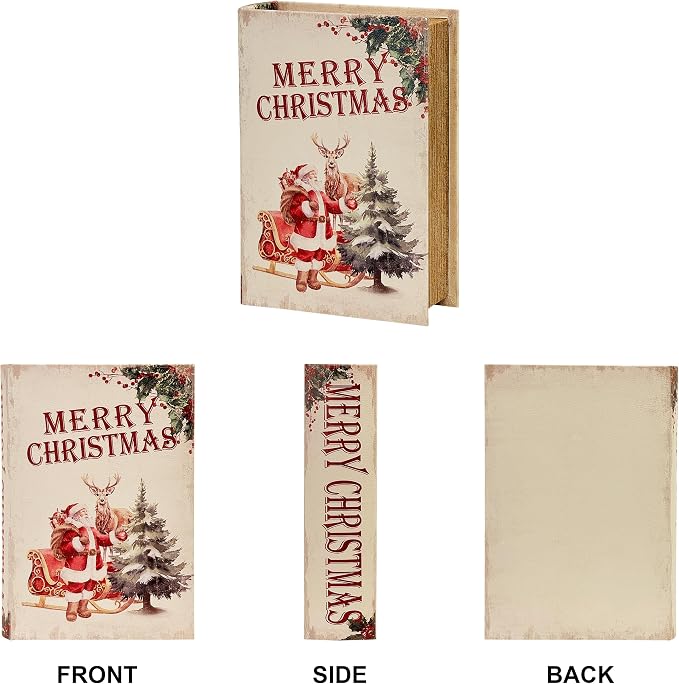 PACOLO Decorative Book Boxes, Faux Wood cover Storage for Hidden Jewelry, Money, and Cash (Merry Christmas)