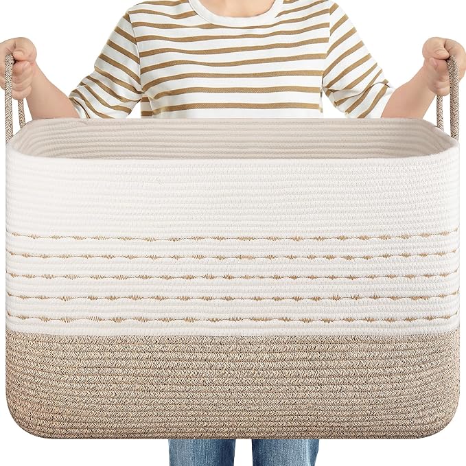 OIASKET XXL Large Blanket Basket for Living Room, 108L Woven Storage Baskets for Organizing, Rectangle Cotton Rope Basket Toy Chest With Handles--Brown & White