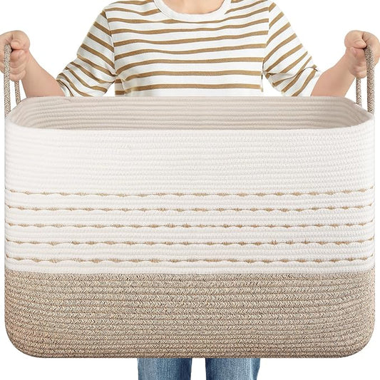 OIASKET XXL Large Blanket Basket for Living Room, 108L Woven Storage Baskets for Organizing, Rectangle Cotton Rope Basket Toy Chest With Handles--Brown & White