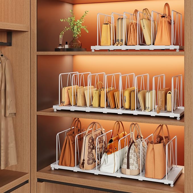 Dmevkic Extendable Purse Organizers Purse Storage. Length 15-27inch. Bag Organizer Purse Holder for Closet with 8 Adjustable Shelf Dividers（White）