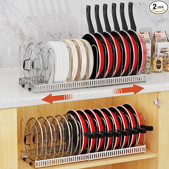 Housolution 2 Pack Pot and Pan Lid Organizer Holder Storage Rack, Silver | 12"-23" Expandable, 14 Adjustable Dividers, Sturdy Metal Construction, Easy Assembly