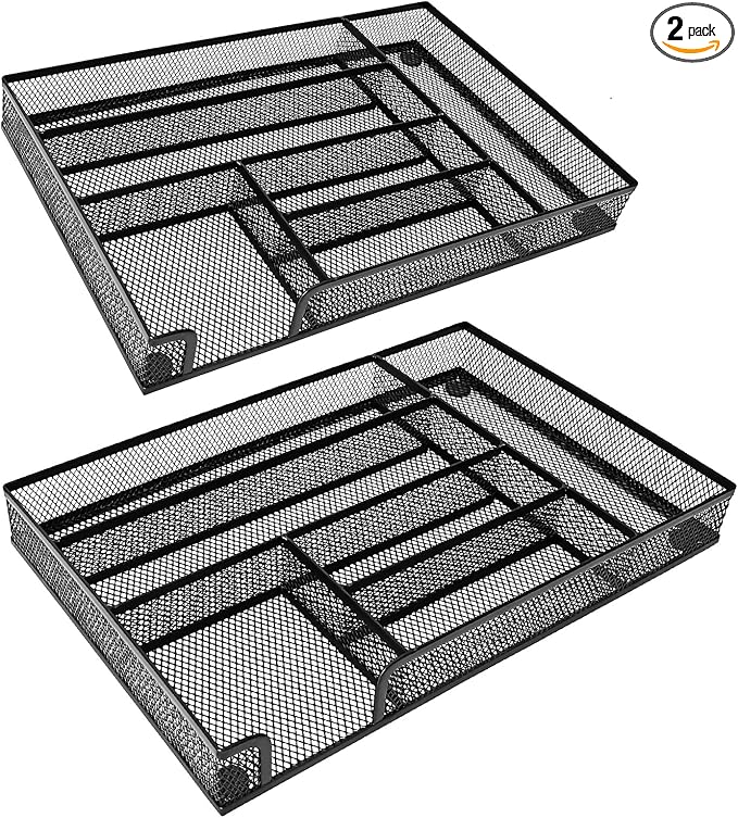 2-Pack Metal Mesh Desk Drawer Organizer Tray Set, 6-Compartment Office Drawer Organizer for Pens Supplies, 12.6"x8.27"x1.57" Black