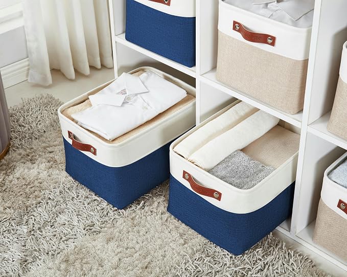 DECOMOMO Storage Bins, Large Fabric Storage Baskets for Shelves, Decorative Linen Closet Organizer, 15 x 11 x 9.5 inches (Navy Blue & White, 4 Pack)