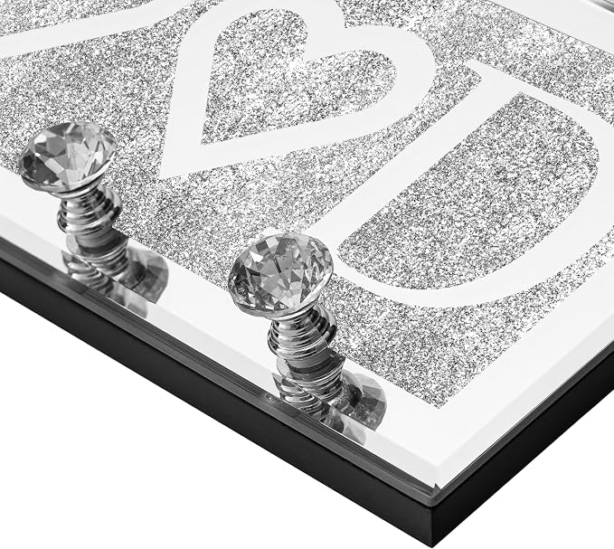 SHYFOY Crystal Clear Hooks Key Holder Key Hanger, Sparkly Mirrored Home Letters Plaque Sign for Decor, Silver Mirror Decoration Wall Art for Entryway Hallway Living Room, Good Letter
