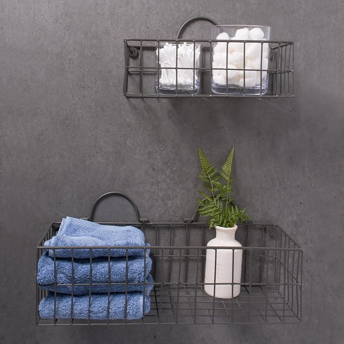 DII Farmhouse Vintage Décor, Wire Wall Basket, Assorted, Gray, 2 Piece