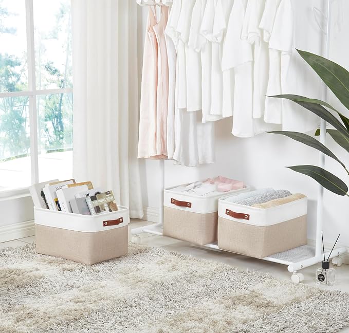 DECOMOMO Storage Bins, Extra Large Fabric Storage Baskets for Shelves, Decorative Linen Closet Organizer, 15.8 x 12.5 x 10 inches (Beige & White, 3 Pack)