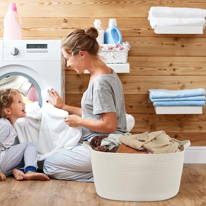 XUANGUO Large Rectangle Blankets Basket Living Room 22"x17"x12" Woven Cotton Rope Storage Baskets for Nursery Toy Baskets for Kids and Dogs Laundry Basket Bin for Clothes Towels white