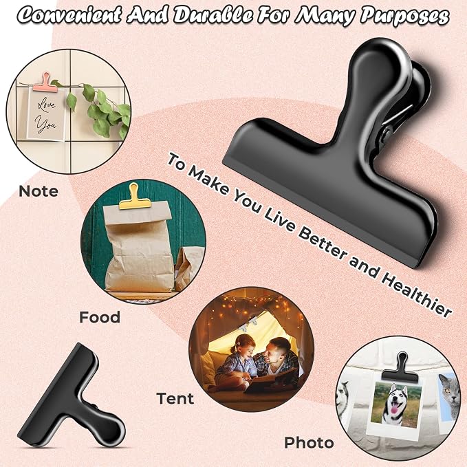 ANZNKU 6 Pack Black Chip Clips Bag Clips for Food Snack Kitchen Storage | Heavy Duty, Stainless Steel, Air Tight Seal, Durable Metal Clamps for Refrigerator Home Office, Use for Bread Coffee Paper