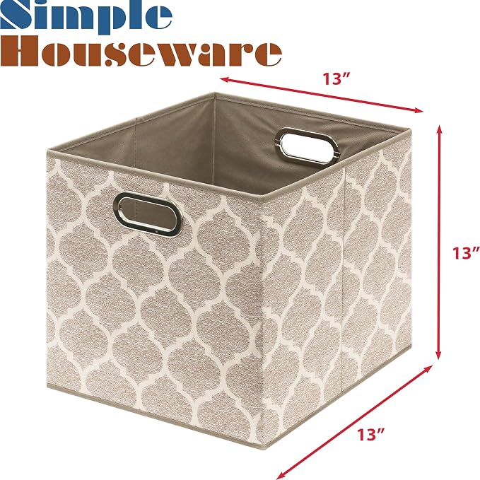 Simple Houseware 13-Inch Collapsible Fabric Cube Storage Bin with Handles, Printed Design, 3 Pack, Beige