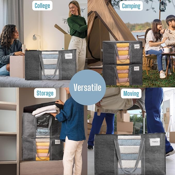 VENO 4 Pack Moving Bags with Clear Window, Heavy Duty Storage Bins with Lid, Around Handles, Tag, Zippers, Extra Large Totes Packing Moving Boxes Supplies for College Dorm Clothes (Dark Gray)