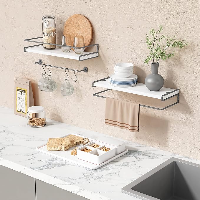 Forbena White Floating Shelves for Bathroom Organizer Over Toilet, Bathroom Shelves Wall Mounted with Towel Rack, Corner Wall Shelf for Bedroom Decor Kitchen Storage (White-Dark Grey, Set of 2)