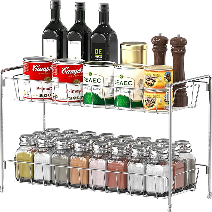 Simple Houseware 2-Tier Spice Rack Kitchen Organizer Countertop Shelf, Chrome | for Kitchen, Pantry Storage Shelf