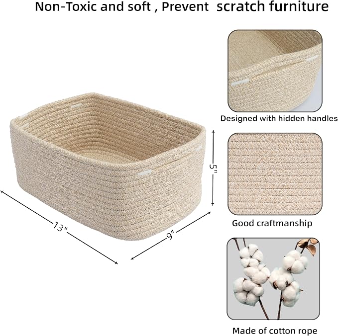 XUANGUO Small Woven Storage Baskets 13“X9”X5“ Decorative Rope Bins for Organizing Shelves, Closets, and Toys, Empty Gift Baskets, Cute Organizer Basket for Home and Office (oatmeal, Large)